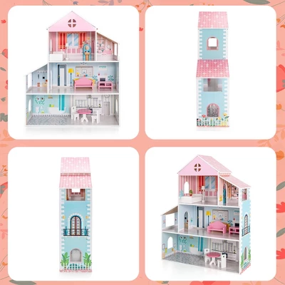 Costway Wooden Dollhouse For Kids 3-Tier Toddler Doll House W/Furniture Gift For Age 3+ 9 Costway Wooden Dollhouse For Kids 3-Tier Toddler Doll House W/Furniture Gift For Age 3+ - Image 9