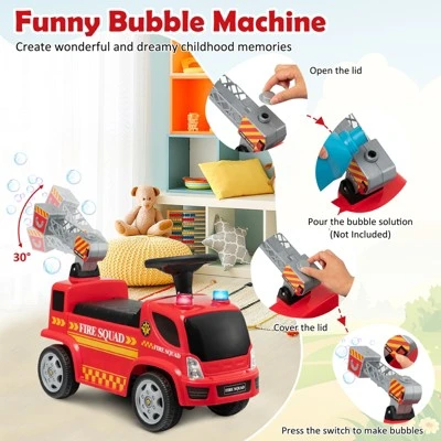 Costway Kids Ride On Fire Truck Foot-to-Floor Sliding Push Car W/ Music & Bubble Maker 7 Costway Kids Ride On Fire Truck Foot-to-Floor Sliding Push Car W/ Music & Bubble Maker - Image 7