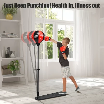 Costway Kids Punching Bag W/Adjustable Stand Boxing Gloves Boxing Set, Red 2 Costway Kids Punching Bag W/Adjustable Stand Boxing Gloves Boxing Set, Red - Image 2