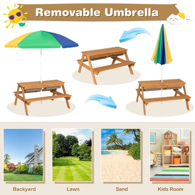 Costway 3-in-1 Kids Picnic Table Wooden Outdoor Sand & Water Table W/Umbrella Play Box Es 7 Costway 3-in-1 Kids Picnic Table Wooden Outdoor Sand & Water Table W/Umbrella Play Box Es - Image 7