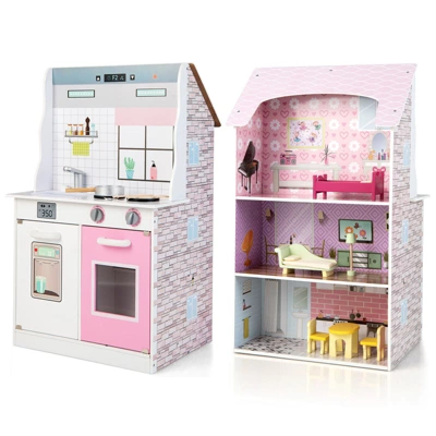 Costway Kids Kitchen Playset & Dollhouse 2-In-1 W/ Accessories & Furniture For Toddlers 5 Costway Kids Kitchen Playset & Dollhouse 2-In-1 W/ Accessories & Furniture For Toddlers - Image 5