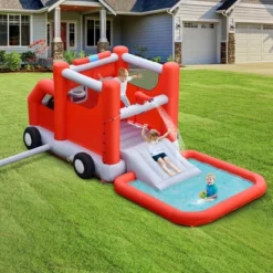 Costway Fire Truck Themed Inflatable Castle Water Park Kids Bounce House W/ 480W Blower