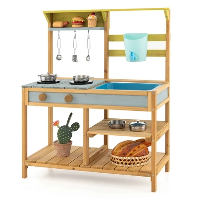 Costway Wooden Play Kitchen Set, Outdoor Kid's Mud Kitchen With Faucet & Water Box 9 Costway Wooden Play Kitchen Set, Outdoor Kid's Mud Kitchen With Faucet & Water Box - Image 9