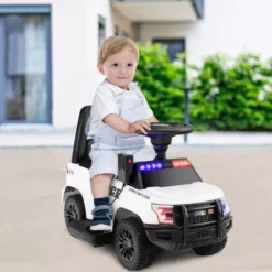 Costway 2-in-1 6V Kids Ride On Police Car Toddler Push Car W/ Megaphone & Siren WhiteBlack