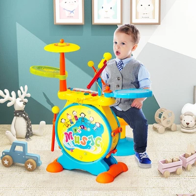 Costway 2-in-1 Kids Electronic Drum Kit Music Instrument Toy W/ Keyboard Microphone Blue 3 Costway 2-in-1 Kids Electronic Drum Kit Music Instrument Toy W/ Keyboard Microphone Blue - Image 3