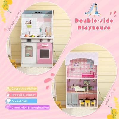 Costway Kids Kitchen Playset & Dollhouse 2-In-1 W/ Accessories & Furniture For Toddlers 4 Costway Kids Kitchen Playset & Dollhouse 2-In-1 W/ Accessories & Furniture For Toddlers - Image 4
