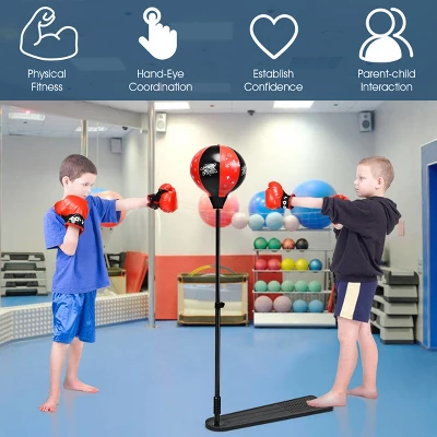Costway Kids Punching Bag W/Adjustable Stand Boxing Gloves Boxing Set, Red 3 Costway Kids Punching Bag W/Adjustable Stand Boxing Gloves Boxing Set, Red - Image 3