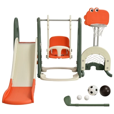 Costway 6 In 1 Toddler Slide And Swing Set Climber Playset W/ Ball Games WhiteOrange 9 Costway 6 In 1 Toddler Slide And Swing Set Climber Playset W/ Ball Games WhiteOrange - Image 9