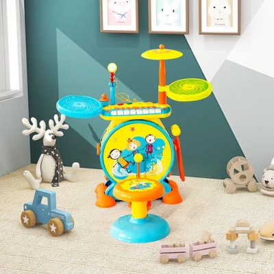 Costway 2-in-1 Kids Electronic Drum Kit Music Instrument Toy W/ Keyboard Microphone Blue 2 Costway 2-in-1 Kids Electronic Drum Kit Music Instrument Toy W/ Keyboard Microphone Blue - Image 2