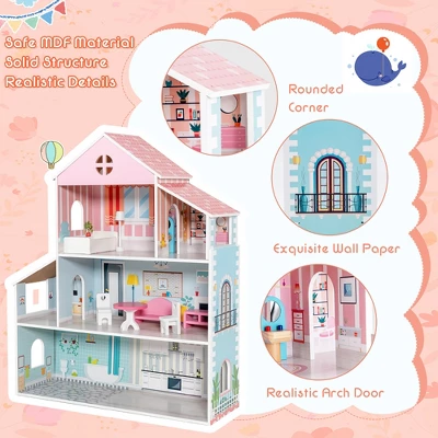 Costway Wooden Dollhouse For Kids 3-Tier Toddler Doll House W/Furniture Gift For Age 3+ 3 Costway Wooden Dollhouse For Kids 3-Tier Toddler Doll House W/Furniture Gift For Age 3+ - Image 3