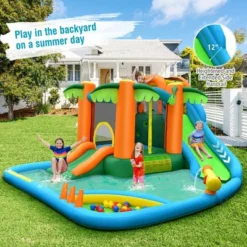 Costway Inflatable Water Slide Park Kid Bounce House W/Upgraded Handrail Blower Excluded