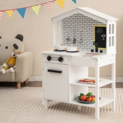 Costway Kids Farmhouse Kitchen Play Set Wooden Pretend Toy With Storage & Accessories