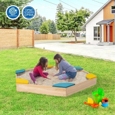 Costway Outdoor Wooden Sandbox With Seats Backyard Bottomless Sandpit For Kids Aged 3+ 2 Costway Outdoor Wooden Sandbox With Seats Backyard Bottomless Sandpit For Kids Aged 3+ - Image 2