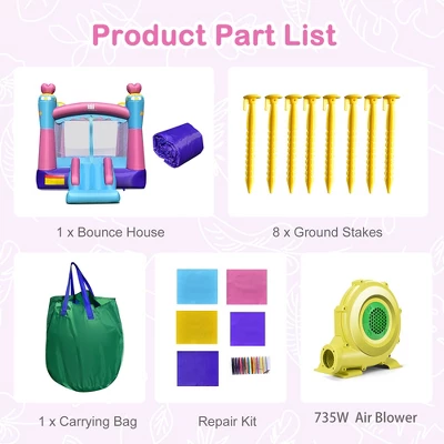 Costway Inflatable Bounce House 3-in-1 Princess Theme Inflatable Castle W/ 735W Blower 8 Costway Inflatable Bounce House 3-in-1 Princess Theme Inflatable Castle W/ 735W Blower - Image 8