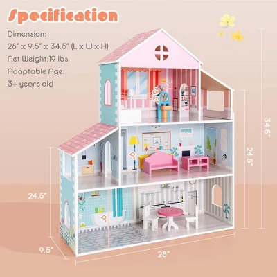 Costway Wooden Dollhouse For Kids 3-Tier Toddler Doll House W/Furniture Gift For Age 3+ 7 Costway Wooden Dollhouse For Kids 3-Tier Toddler Doll House W/Furniture Gift For Age 3+ - Image 7