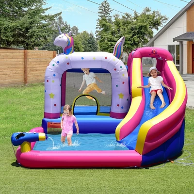 Costway Unicorn Theme Inflatable Water Slide Kids Bounce Castle W/ 480W Air Blower 1 Costway Unicorn Theme Inflatable Water Slide Kids Bounce Castle W/ 480W Air Blower