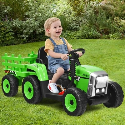 Costway 12V Kids Ride On Tractor With Trailer Ground Loader W/ RC & Lights RedPinkGreen 1 Costway 12V Kids Ride On Tractor With Trailer Ground Loader W/ RC & Lights RedPinkGreen