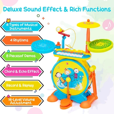 Costway 2-in-1 Kids Electronic Drum Kit Music Instrument Toy W/ Keyboard Microphone Blue 8 Costway 2-in-1 Kids Electronic Drum Kit Music Instrument Toy W/ Keyboard Microphone Blue - Image 8