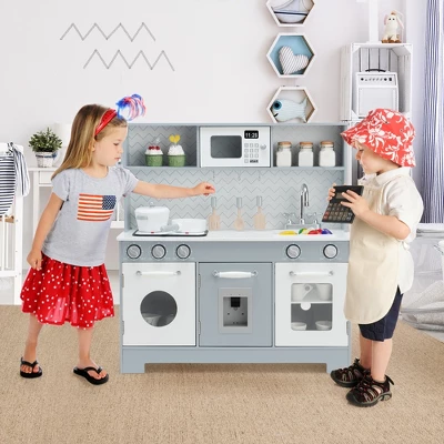 Costway Pretend Play Kitchen Wooden Toy Set For Kids W/ Realistic Light & Sound 1 Costway Pretend Play Kitchen Wooden Toy Set For Kids W/ Realistic Light & Sound