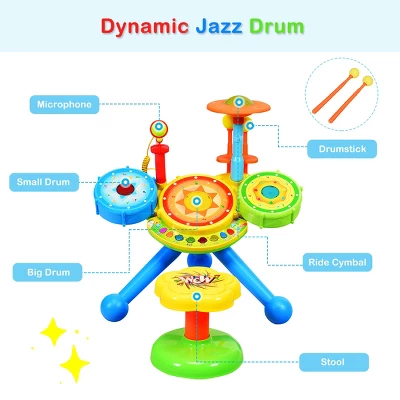 Kids Electric Jazz Drum Set Musical Instrument W/ Stool Mic & LED Light 7 Kids Electric Jazz Drum Set Musical Instrument W/ Stool Mic & LED Light - Image 7