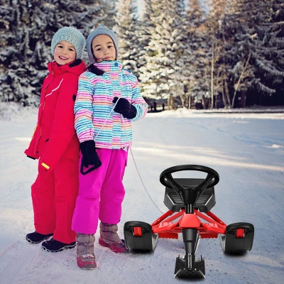 Costway Kids Snow Racer Sled Steering Wheel Double Brakes Pull Rope Red 2 Costway Kids Snow Racer Sled Steering Wheel Double Brakes Pull Rope Red - Image 2