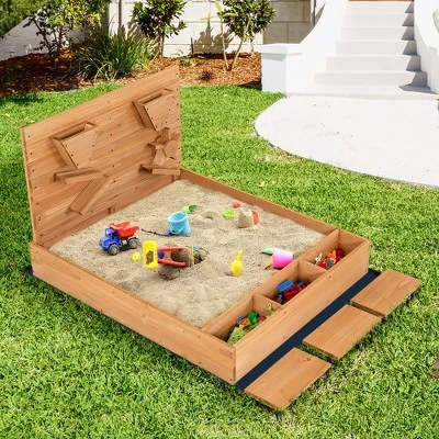 Costway Wooden Sandbox W/ Sand Wall & Cover & Bottom Liner For Kids Outdoor 1 Costway Wooden Sandbox W/ Sand Wall & Cover & Bottom Liner For Kids Outdoor