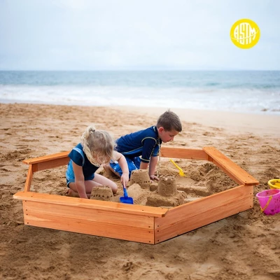 Costway Hexagon Wooden Cedar Sand Box W Seat Boards & Cover & Ground Liner 3 Costway Hexagon Wooden Cedar Sand Box W Seat Boards & Cover & Ground Liner - Image 3