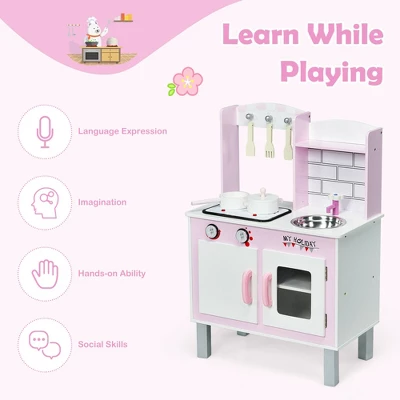 Costway Kids Play Kitchen Wooden Pretend Play Cooking Set Toys W/ Accessories 4 Costway Kids Play Kitchen Wooden Pretend Play Cooking Set Toys W/ Accessories - Image 4