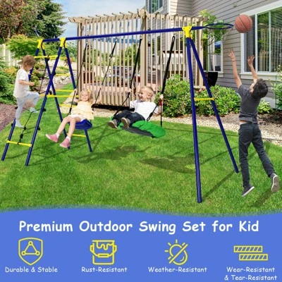 Costway 5-In-1 Outdoor Kids Swing Set W/ Heavy Duty Swing Frame & Ground Stakes Backyard 2 Costway 5-In-1 Outdoor Kids Swing Set W/ Heavy Duty Swing Frame & Ground Stakes Backyard - Image 2