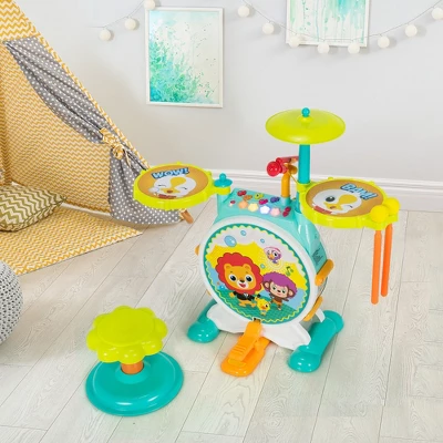 Costway 3-Piece Electric Kids Drum Set Musical Toy Gift W/Microphone Stool Pedal 1 Costway 3-Piece Electric Kids Drum Set Musical Toy Gift W/Microphone Stool Pedal