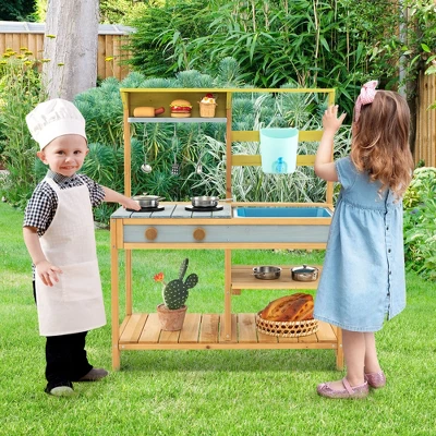Costway Wooden Play Kitchen Set, Outdoor Kid's Mud Kitchen With Faucet & Water Box 3 Costway Wooden Play Kitchen Set, Outdoor Kid's Mud Kitchen With Faucet & Water Box - Image 3