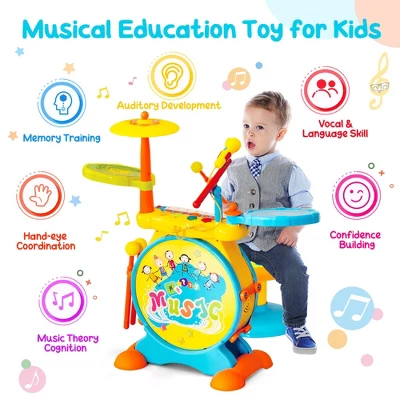 Costway 2-in-1 Kids Electronic Drum Kit Music Instrument Toy W/ Keyboard Microphone Blue 7 Costway 2-in-1 Kids Electronic Drum Kit Music Instrument Toy W/ Keyboard Microphone Blue - Image 7