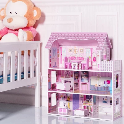 Costway 28'' Pink Dollhouse W/ Furniture Gliding Elevator Rooms 3 Levels Young Girls Toy 1 Costway 28'' Pink Dollhouse W/ Furniture Gliding Elevator Rooms 3 Levels Young Girls Toy
