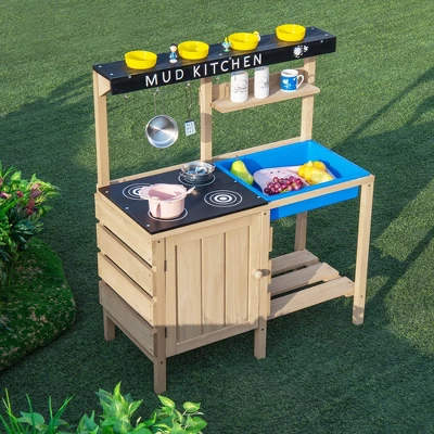 Costway Kids Kitchen Playset Wooden Outdoor Mud Kitchen Pretend Play Toy W/ Kitchenware 1 Costway Kids Kitchen Playset Wooden Outdoor Mud Kitchen Pretend Play Toy W/ Kitchenware