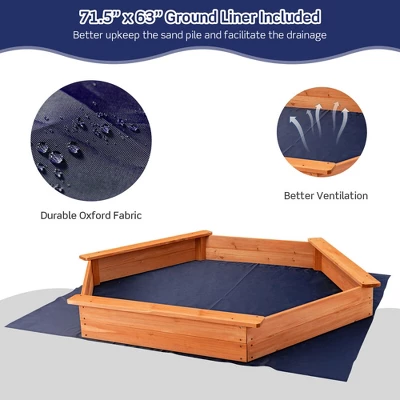 Costway Hexagon Wooden Cedar Sand Box W Seat Boards & Cover & Ground Liner 5 Costway Hexagon Wooden Cedar Sand Box W Seat Boards & Cover & Ground Liner - Image 5