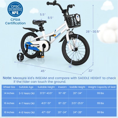 Costway 16'' Kid's Bike With Removable Training Wheels & Basket For 4-7 Years Old White/Blue/Red/Skyblue 8 Costway 16'' Kid's Bike With Removable Training Wheels & Basket For 4-7 Years Old White/Blue/Red/Skyblue - Image 8