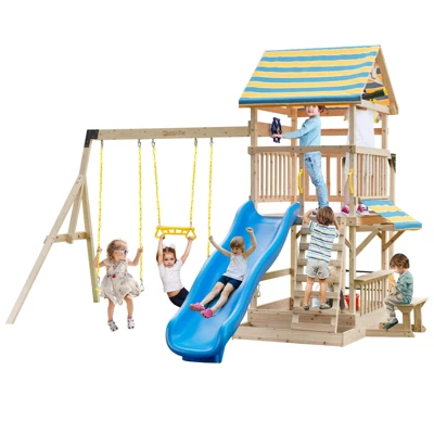 Costway Backyard Wooden Swing Set Slide Playset For Kids Outdoor Climbing Wall Sandpit 9 Costway Backyard Wooden Swing Set Slide Playset For Kids Outdoor Climbing Wall Sandpit - Image 9
