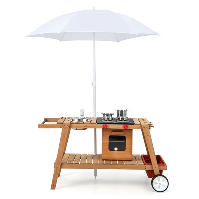 Costway Kid's Play Trolley Outdoor Wooden Kids Play Cart With Sun Umbrella For Toddlers 3+ 9 Costway Kid's Play Trolley Outdoor Wooden Kids Play Cart With Sun Umbrella For Toddlers 3+ - Image 9