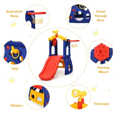 Costway 6-in-1 Freestanding Kids Slide W/ Basketball Hoop Play Climber Slide Set 7 Costway 6-in-1 Freestanding Kids Slide W/ Basketball Hoop Play Climber Slide Set - Image 7