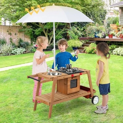 Costway Kid's Play Trolley Outdoor Wooden Kids Play Cart With Sun Umbrella For Toddlers 3+ 1 Costway Kid's Play Trolley Outdoor Wooden Kids Play Cart With Sun Umbrella For Toddlers 3+