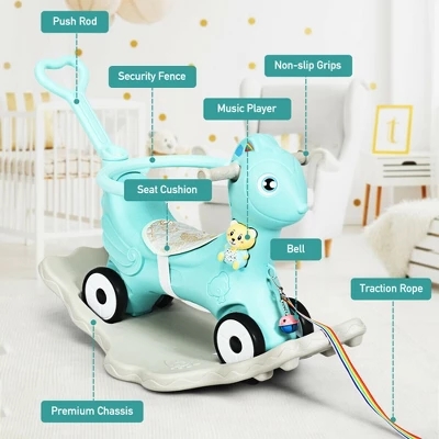Costway Baby Rocking Horse 4 In 1 Kids Ride On Toy Push Car W/ Music Indoor Outdoor Gift 7 Costway Baby Rocking Horse 4 In 1 Kids Ride On Toy Push Car W/ Music Indoor Outdoor Gift - Image 7