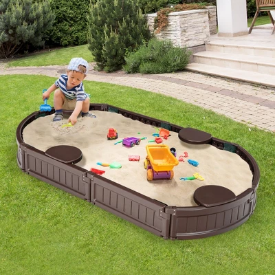 Costway 6F Wooden Sandbox W/Built-in Corner Seat, Cover, Bottom Liner For Outdoor Play 1 Costway 6F Wooden Sandbox W/Built-in Corner Seat, Cover, Bottom Liner For Outdoor Play