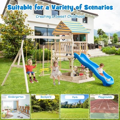 Costway Backyard Wooden Swing Set Slide Playset For Kids Outdoor Climbing Wall Sandpit 7 Costway Backyard Wooden Swing Set Slide Playset For Kids Outdoor Climbing Wall Sandpit - Image 7