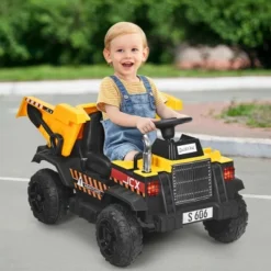 Costway 12V Battery Kids Ride On Dump Truck RC Construction Tractor W/ Electric Bucket & Electric Dump Bed