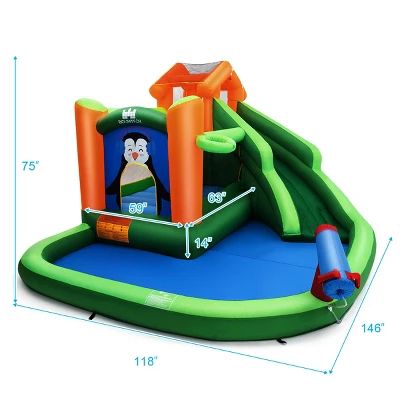 Costway Inflatable Water Park Slide Bouncer W/ Splash Pool Water Cannon And 735W Blower 1 Costway Inflatable Water Park Slide Bouncer W/ Splash Pool Water Cannon And 735W Blower