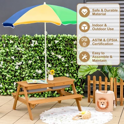 Costway 3-in-1 Kids Picnic Table Wooden Outdoor Sand & Water Table W/Umbrella Play Box Es 8 Costway 3-in-1 Kids Picnic Table Wooden Outdoor Sand & Water Table W/Umbrella Play Box Es - Image 8