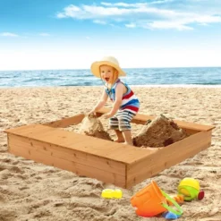 Costway Kids Wooden Sandbox W/ Bench Seats & Storage Boxes Children Outdoor Playset
