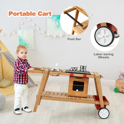 Costway Kid's Play Trolley Outdoor Wooden Kids Play Cart With Sun Umbrella For Toddlers 3+ 5 Costway Kid's Play Trolley Outdoor Wooden Kids Play Cart With Sun Umbrella For Toddlers 3+ - Image 5