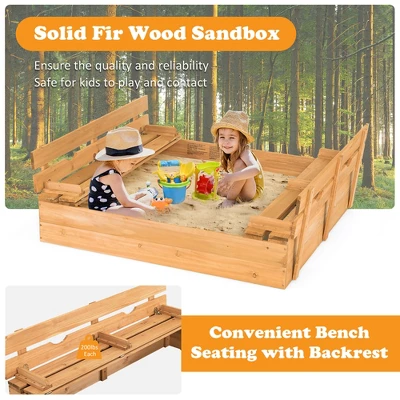 Costway Kids Large Wooden Sandbox W/Cover 2 Convertible Bench Seats For Outdoor Play 4 Costway Kids Large Wooden Sandbox W/Cover 2 Convertible Bench Seats For Outdoor Play - Image 4