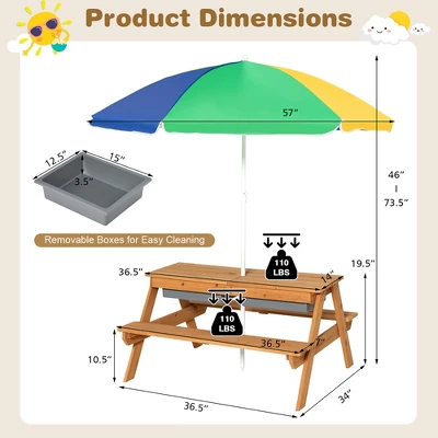 Costway 3-in-1 Kids Picnic Table Wooden Outdoor Sand & Water Table W/Umbrella Play Box Es 3 Costway 3-in-1 Kids Picnic Table Wooden Outdoor Sand & Water Table W/Umbrella Play Box Es - Image 3